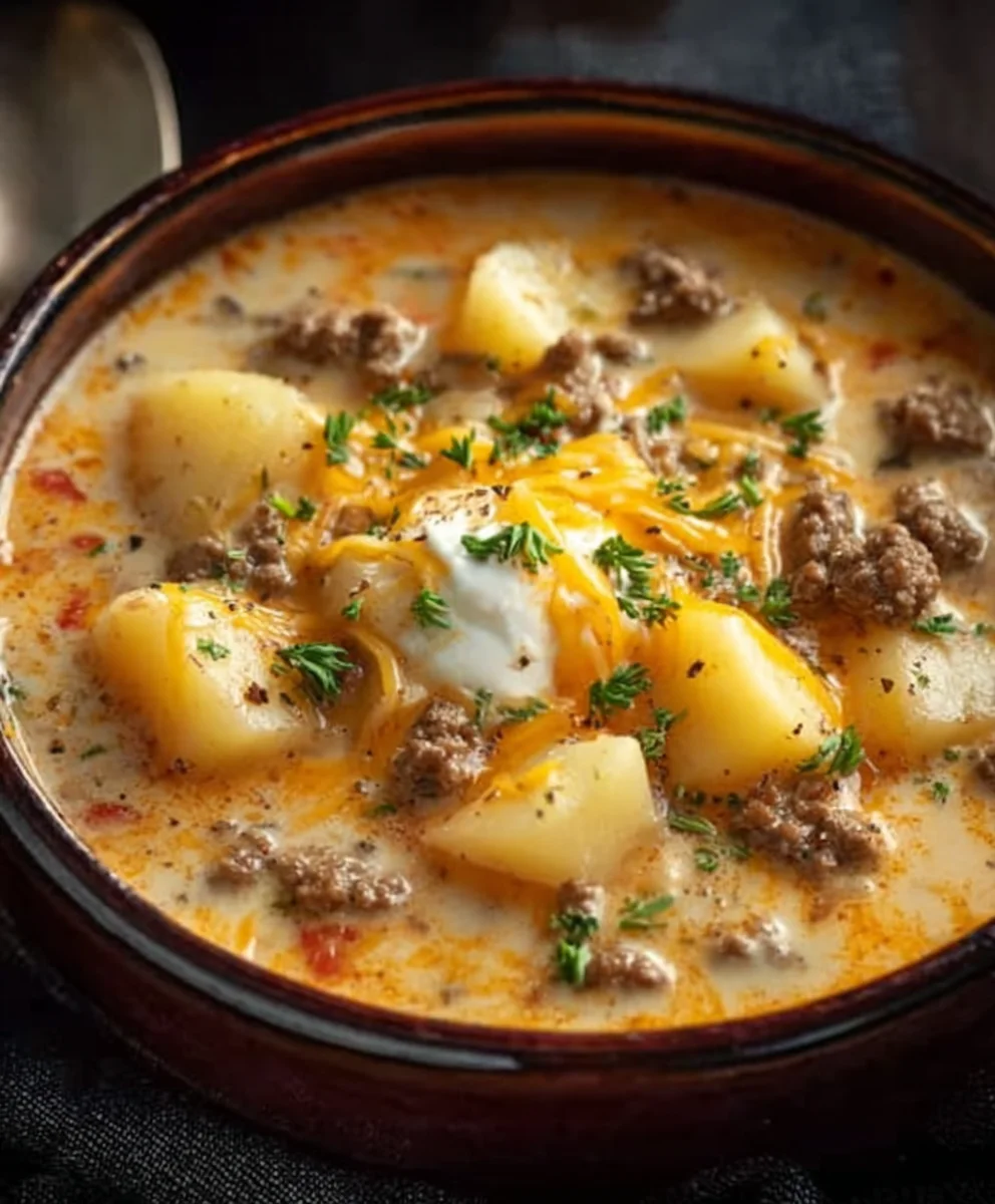 Cheesy Beef Beef Hamburger Potato Soup - Hearty & Delicious