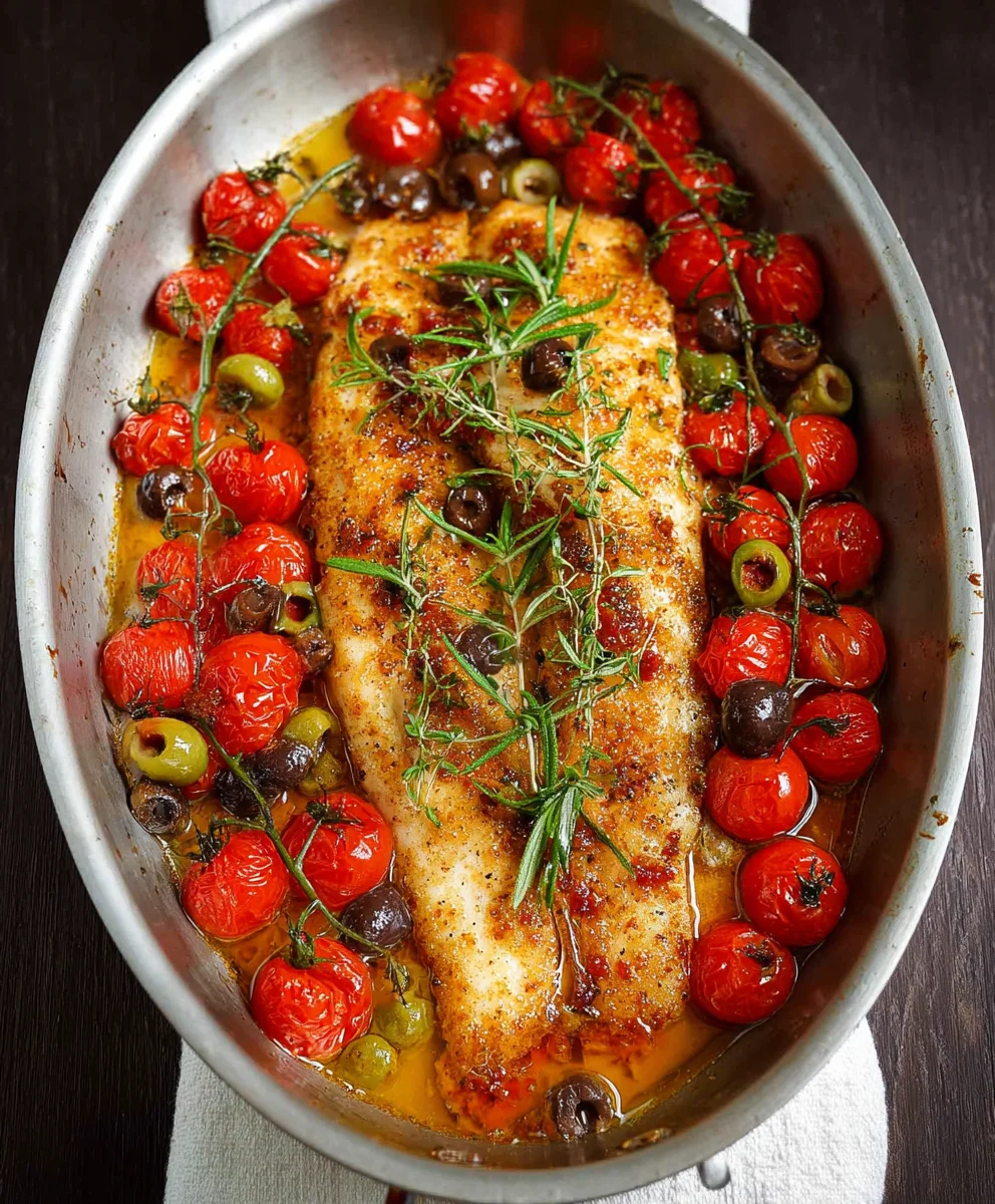 Baked Fish Cherry Tomatoes Olives Easy Recipe