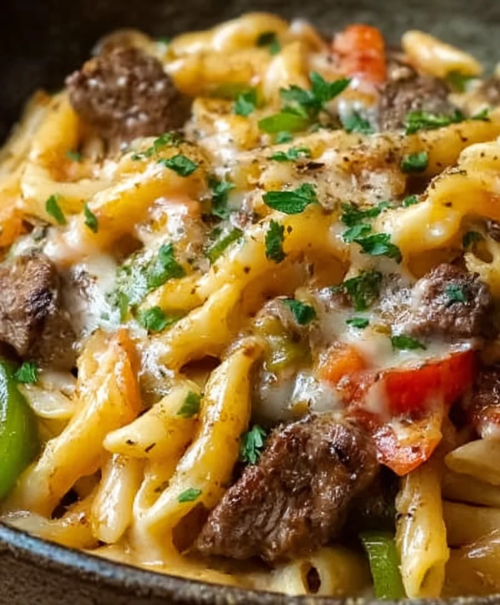 Philly Cheesesteak Pasta- Easy Beef & Cheese Dinner