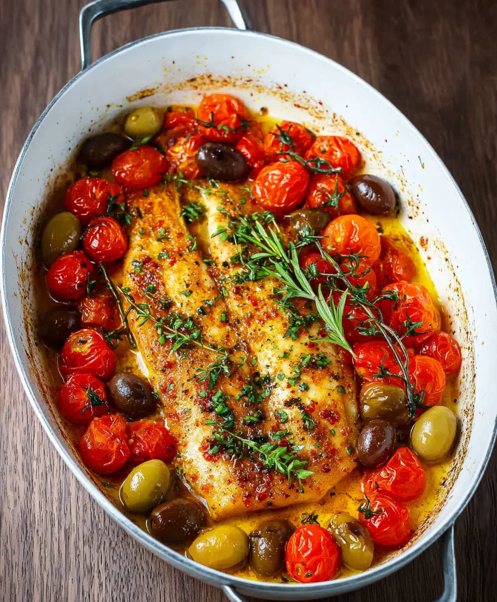 Baked Fish Cherry Tomatoes Olives Easy Recipe