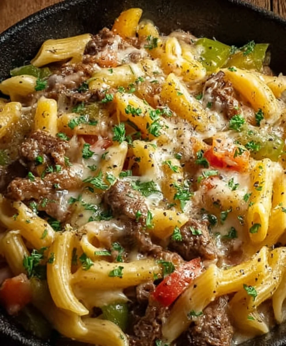 Philly Cheesesteak Pasta- Easy Beef & Cheese Dinner