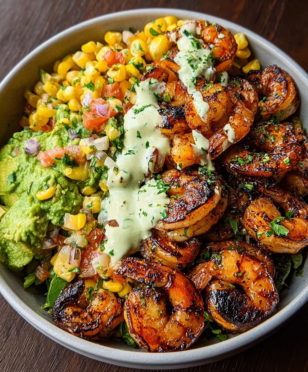 Grilled Shrimp Bowl-Fresh Avocado Corn Salsa