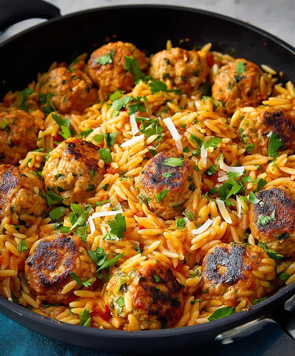 One-Pan Chicken Meatball Orzo - Easy Dinner Recipe